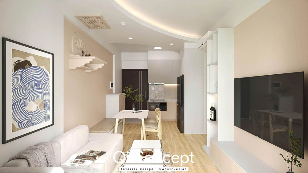 Không gian phòng khách và bếp trong mẫu thiết kế nội thất căn hộ Imperial Place 2PN.