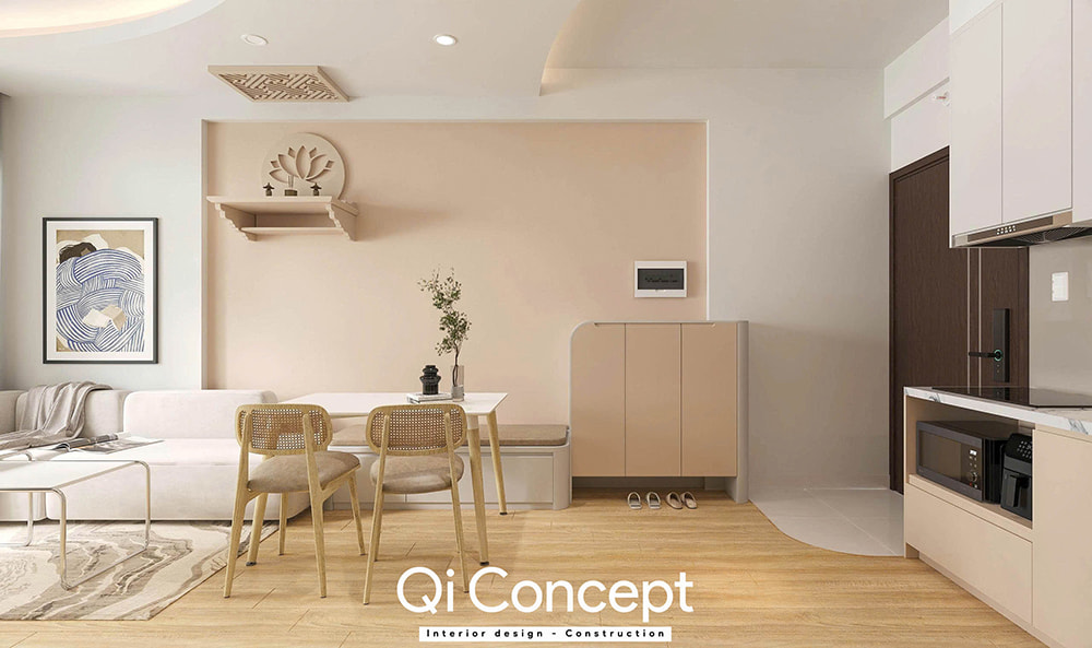 Bàn ăn và bàn thờ trong mẫu thiết kế nội thất căn hộ Imperial Place 2PN.
