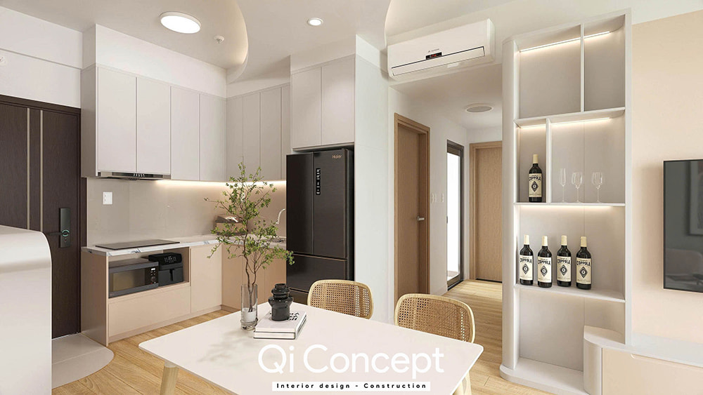 Bàn ăn và kệ trang trí trong mẫu thiết kế nội thất căn hộ Imperial Place 2PN.