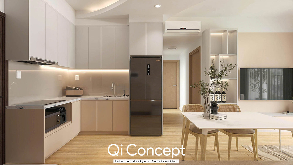 Gian bếp nhỏ gọn trong mẫu thiết kế nội thất căn hộ Imperial Place 2PN.