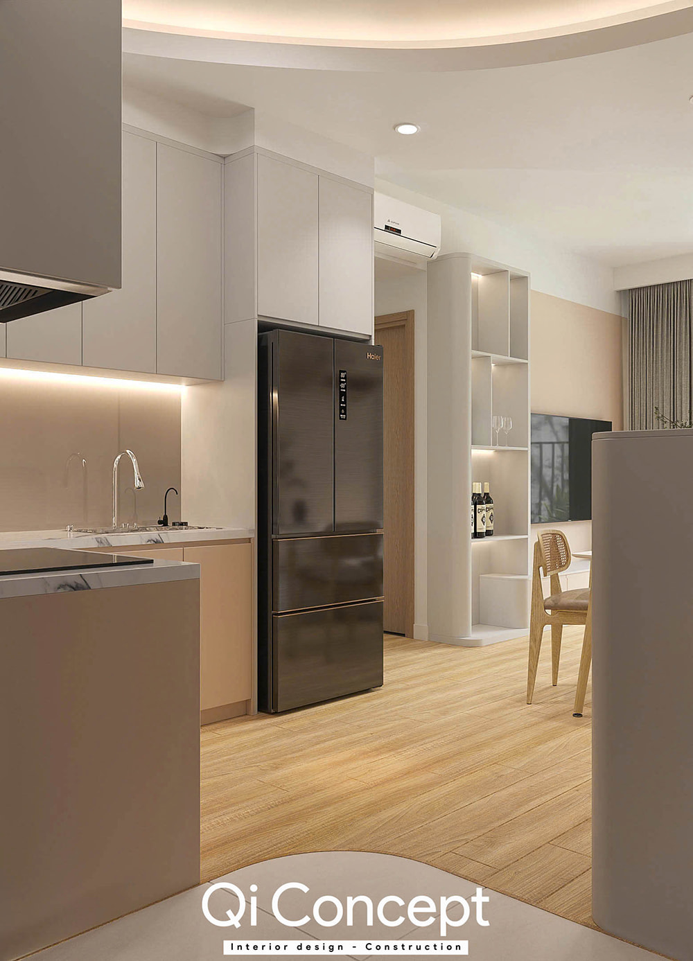 Góc nhìn từ bếp ra phòng khách trong mẫu thiết kế nội thất căn hộ Imperial Place 2PN.