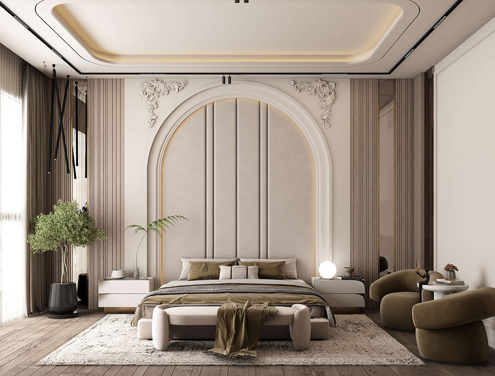 Thiết kế nội thất biệt thự tân cổ điển với vách đầu giường hình mái vòm độc đáo.