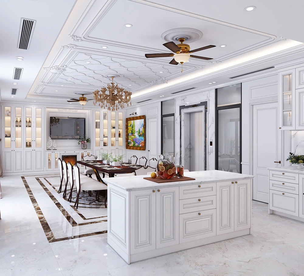 Không gian bếp và phòng ăn trong mẫu thiết kế nội thất biệt thự cổ điển sang trọng.
