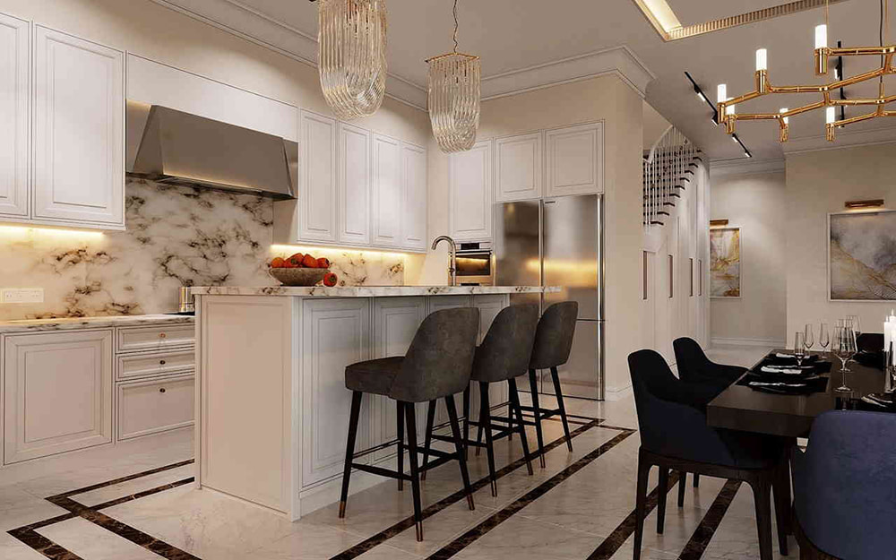 Thiết kế nội thất biệt thự tân cổ điển với không gian bếp ốp đá marble và đảo bếp mini.