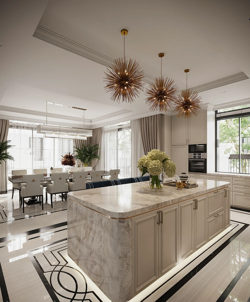 Đảo bếp ốp đá marble trong dự án thiết kế nội thất biệt thự tân cổ điển cao cấp.