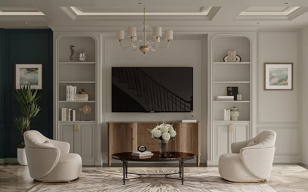 Thiết kế nội thất biệt thự tân cổ điển with kệ sách âm tường đối xứng và nội thất trang nhã.
