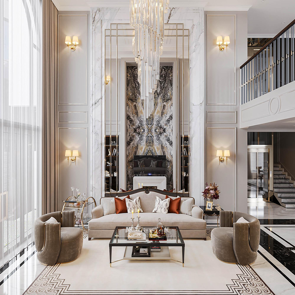Thiết kế nội thất biệt thự tân cổ điển thông tầng với vách ốp đá marble và khung kim loại trang trí.