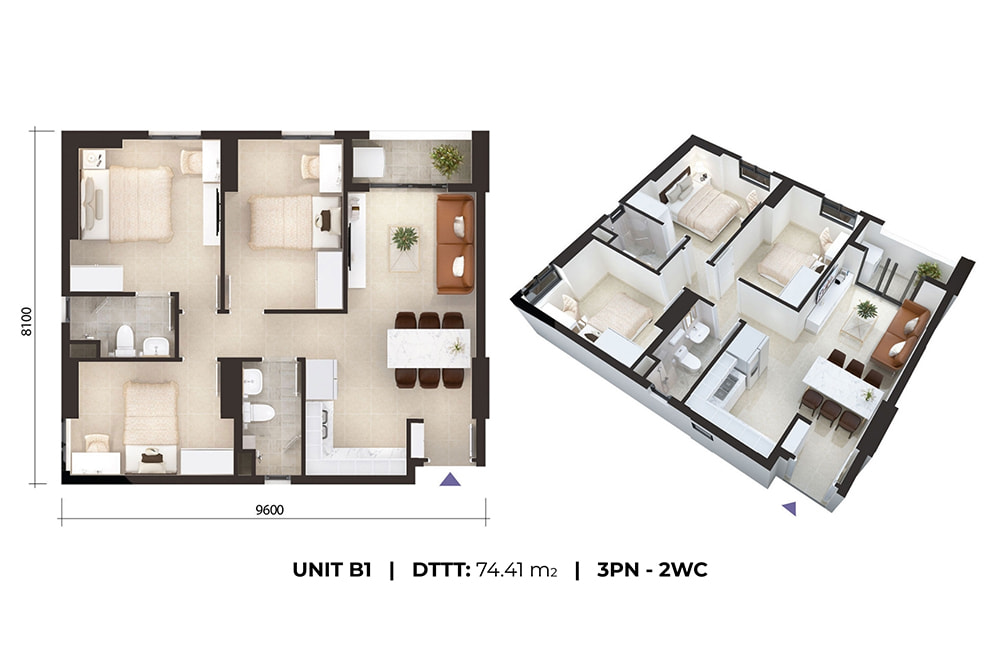 Sơ đồ mặt bằng trong mẫu thiết kế nội thất chung cư Imperial Place 3PN.