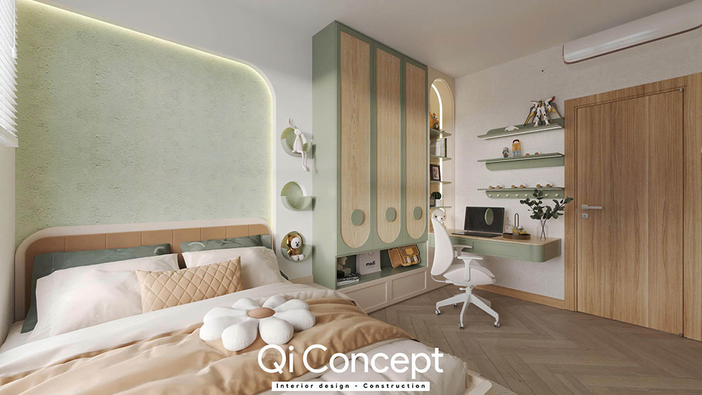 Bàn học trong phòng ngủ trẻ em của mẫu thiết kế nội thất chung cư Imperial Place 3PN.