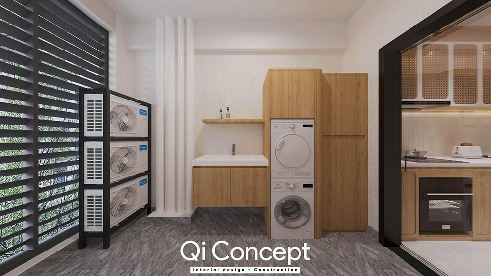 Khu vực giặt sấy trong mẫu thiết kế nội thất chung cư Imperial Place 3PN.