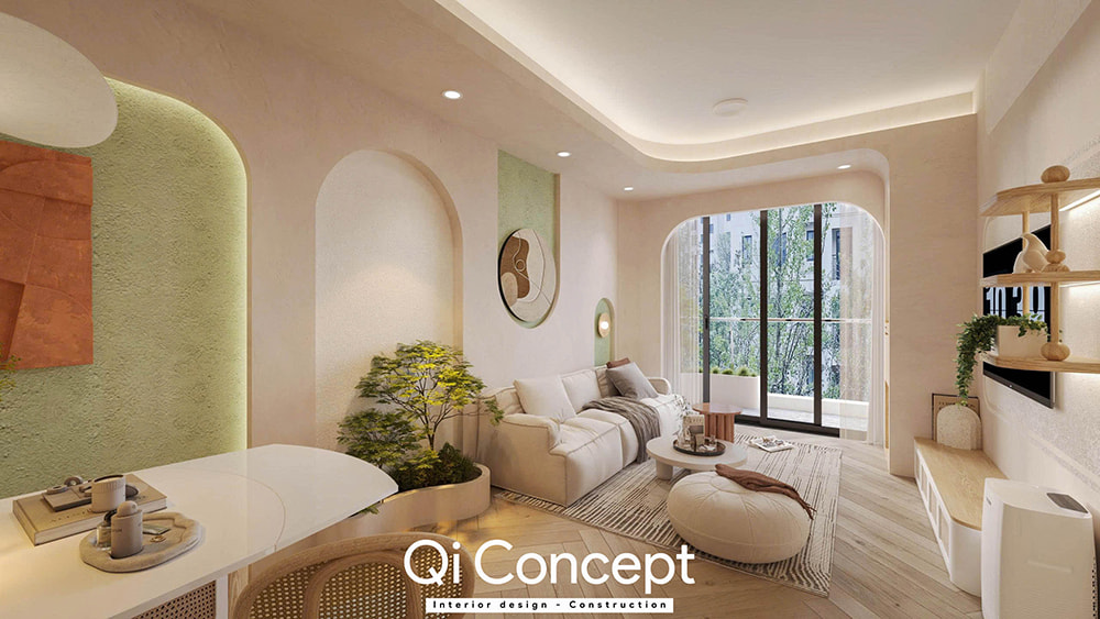 Tổng thể không gian phòng khách và bàn ăn trong mẫu thiết kế nội thất chung cư Imperial Place 3PN.