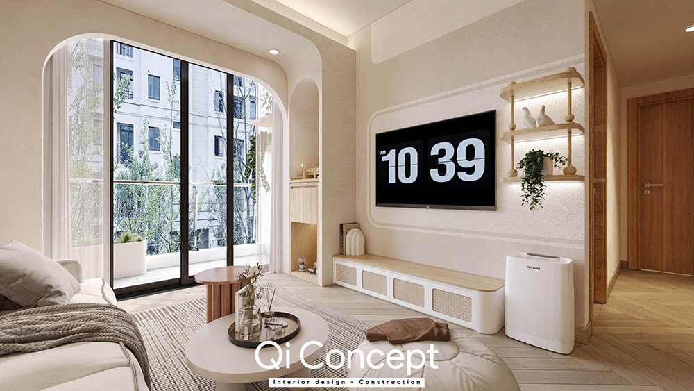 Kệ tivi trong mẫu thiết kế nội thất chung cư Imperial Place 3PN.