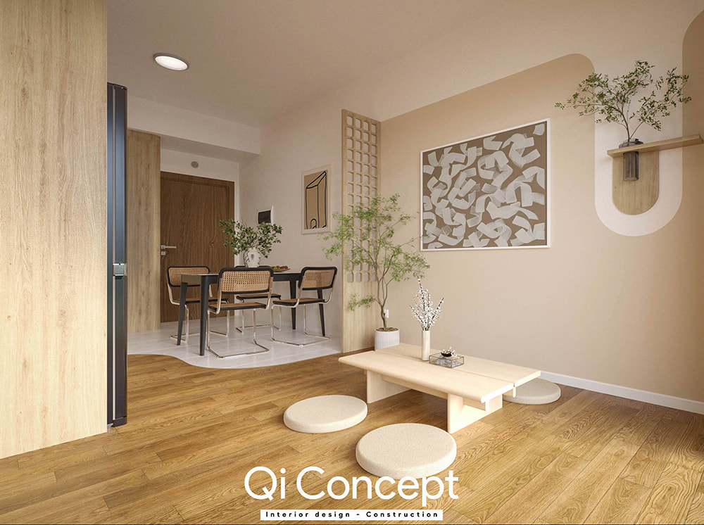 Dịch vụ thiết kế nội thất quận 3 với không gian phòng khách kiểu Nhật.