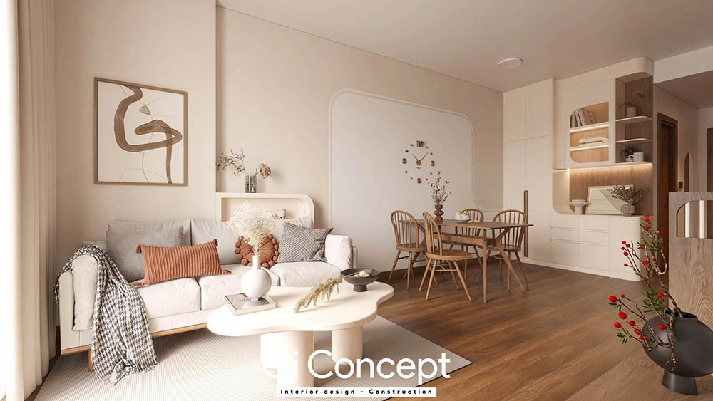 Thiết kế nội thất quận 3 với các chi tiết trang trí bo cong mềm mại.