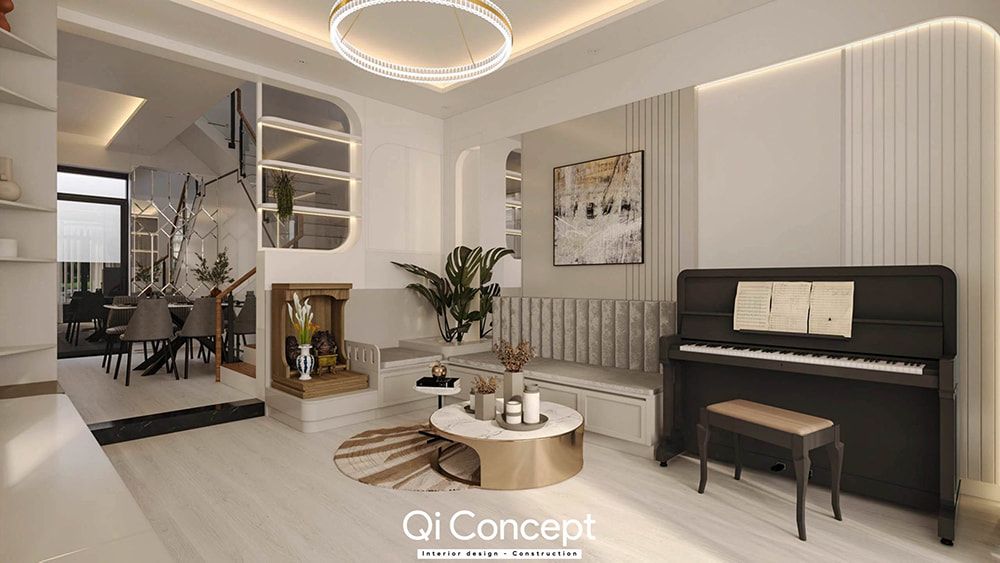 Dịch vụ thiết kế nội thất quận 3 với không gian phòng khách có đàn piano.