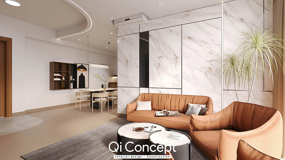 Dịch vụ thiết kế nội thất quận 3 với không gian phòng khách ốp đá marble sang trọng.
