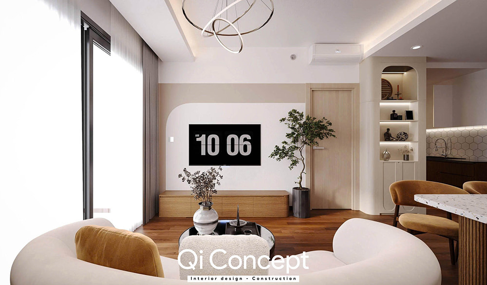 Phòng khách với sofa cong độc đáo trong mẫu thiết kế nội thất quận 3.