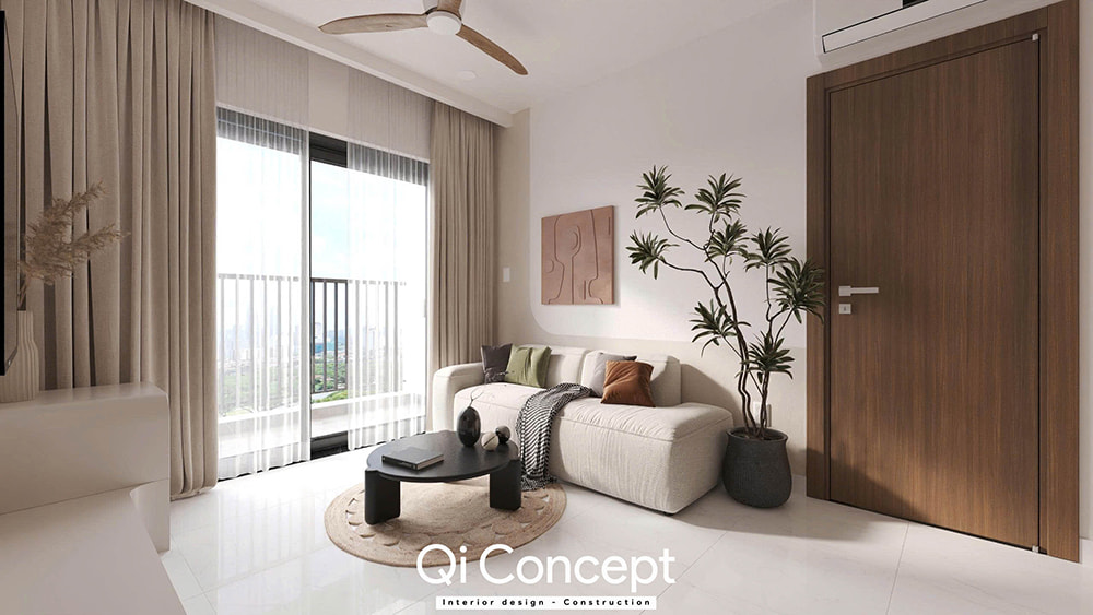 Mẫu thiết kế nội thất quận 4 cho phòng khách có ban công thoáng đãng.