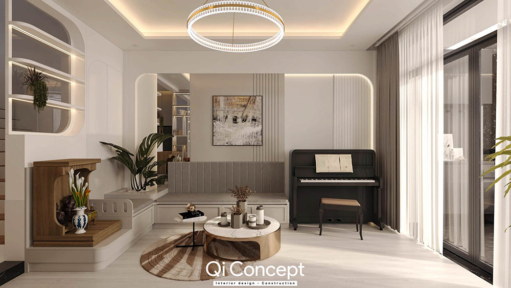 Dịch vụ thiết kế nội thất quận 4 với phòng khách có đàn piano và bàn thờ.