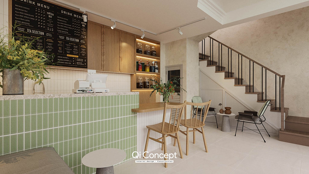 Mẫu thiết kế nội thất quận 4 cho không gian quán cafe ấm cúng.