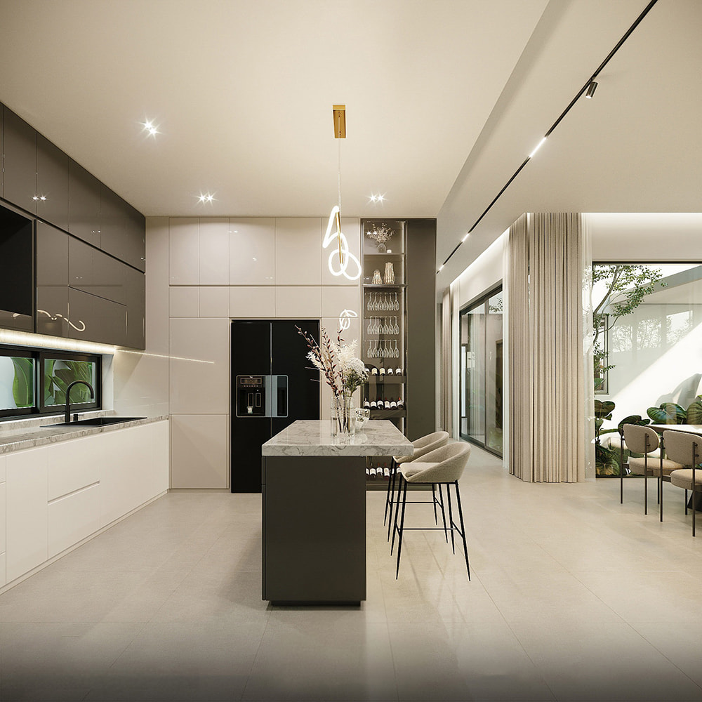 Nội thất phòng bếp biệt thự hiện đại với đảo bếp và tủ rượu âm tường.