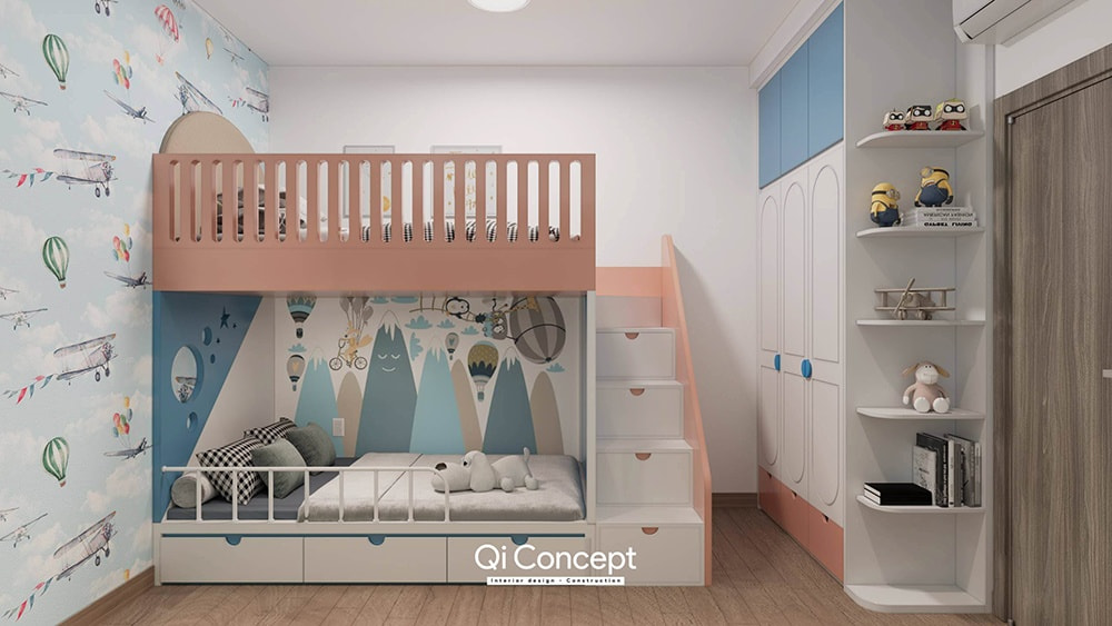 Mẫu thiết kế phòng ngủ giường tầng chủ đề khinh khí cầu cho bé.