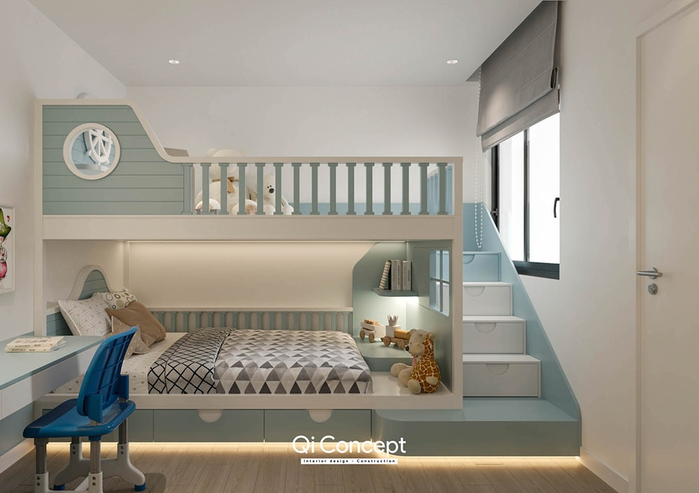 Mẫu thiết kế phòng ngủ giường tầng hình con tàu độc đáo.