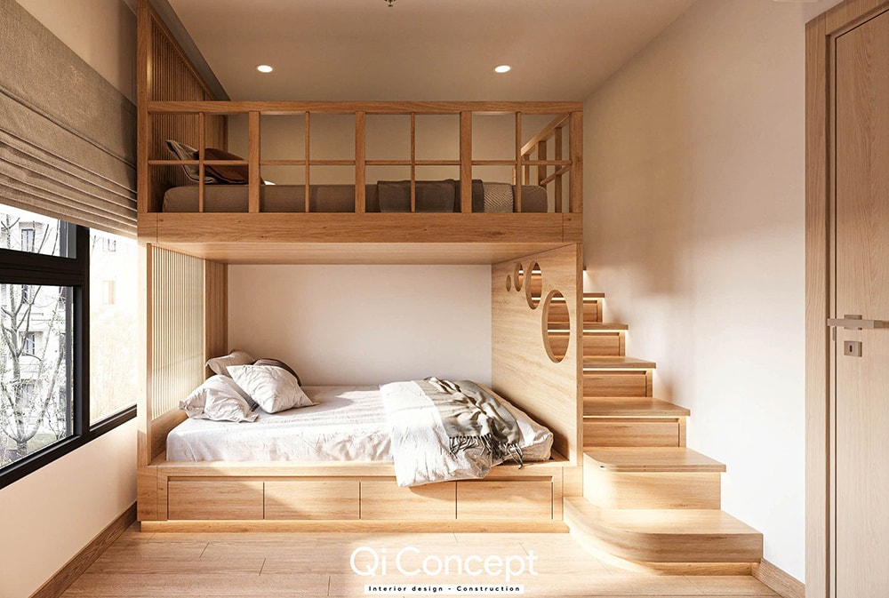 Mẫu thiết kế phòng ngủ giường tầng bằng gỗ tự nhiên mộc mạc, ấm cúng.