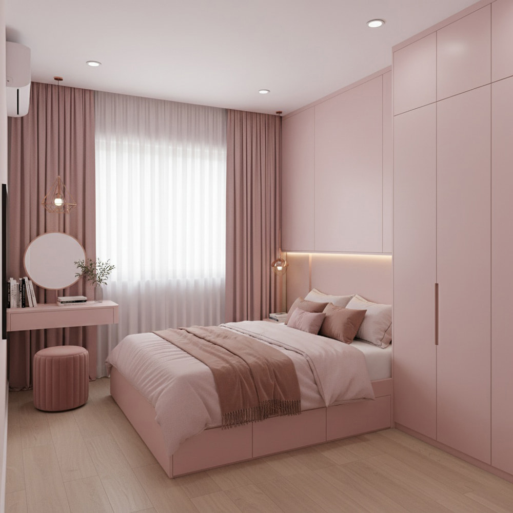 Tủ quần áo và bàn trang điểm trong mẫu phòng ngủ màu hồng đồng bộ.