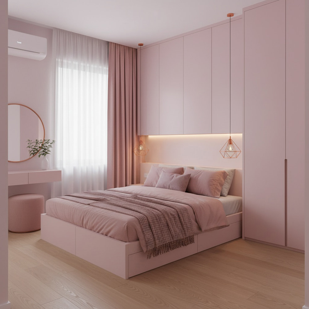 Mẫu thiết kế phòng ngủ màu hồng pastel theo phong cách tối giản, đồng bộ.