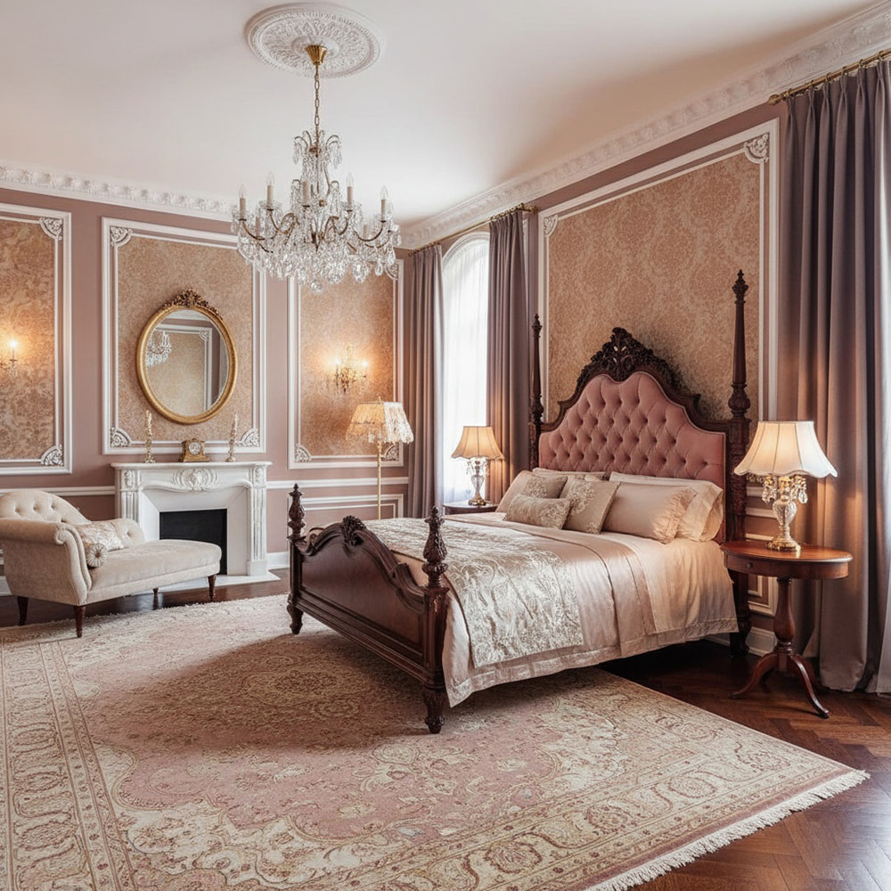 Mẫu thiết kế phòng ngủ màu hồng theo phong cách cổ điển hoàng gia.