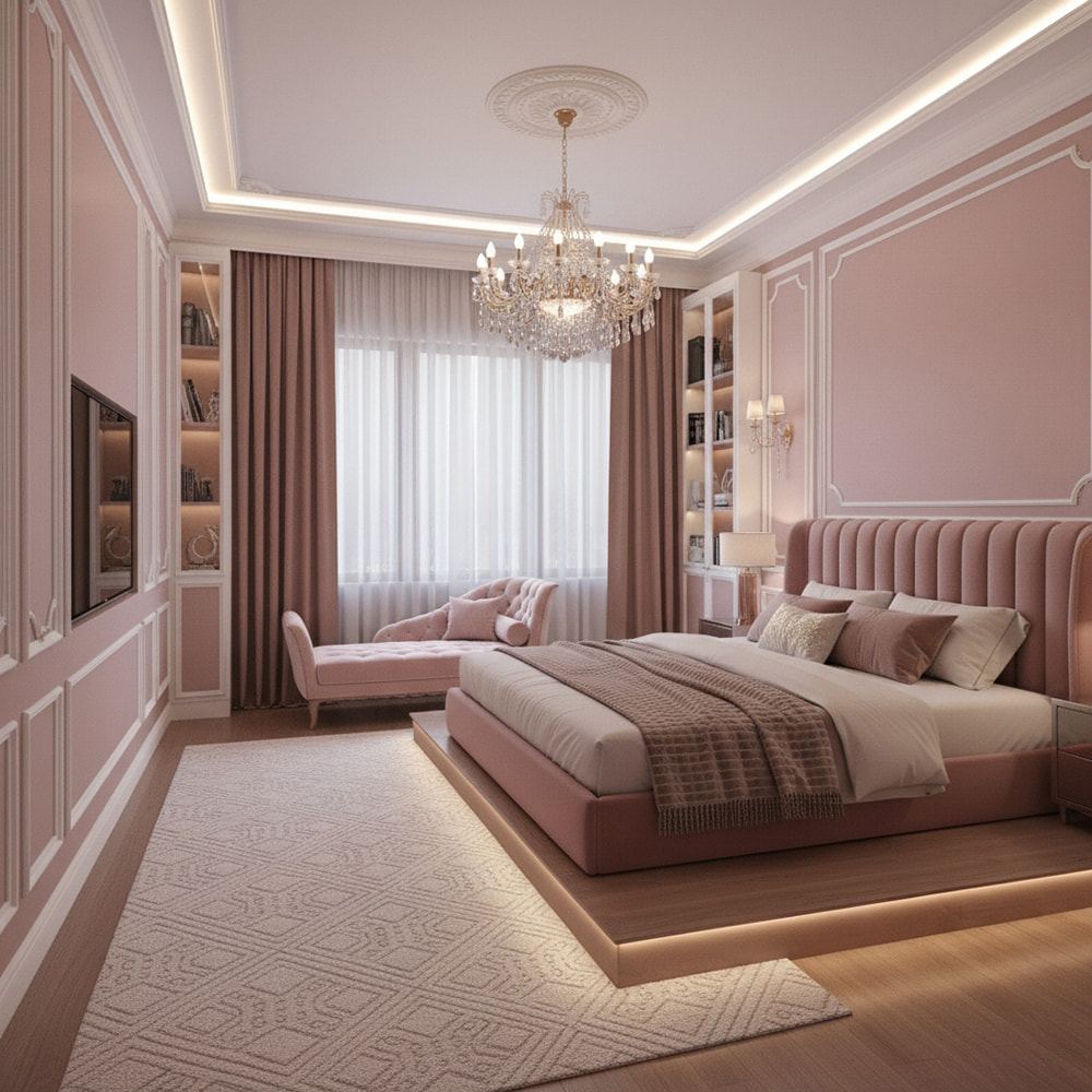 Thiết kế phòng ngủ màu hồng sang trọng có kệ sách và ghế thư giãn.