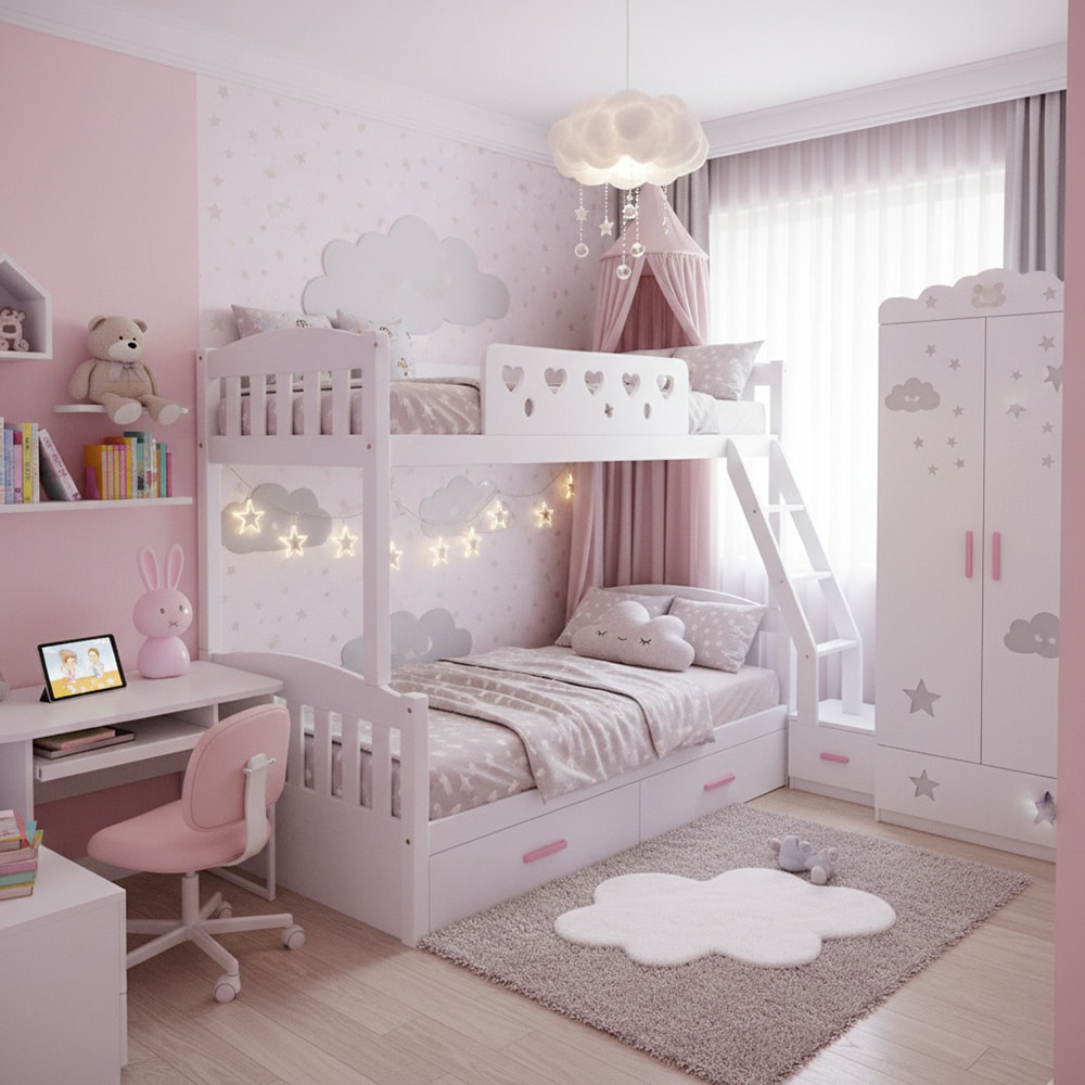 Giường tầng và góc học tập trong mẫu thiết kế phòng ngủ màu hồng cho bé.