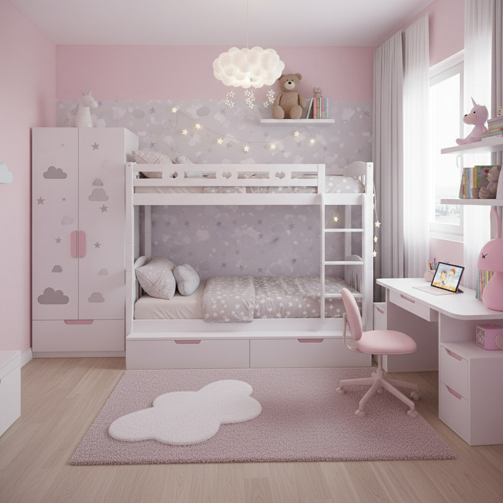 Ý tưởng thiết kế phòng ngủ màu hồng và xám cho bé gái.