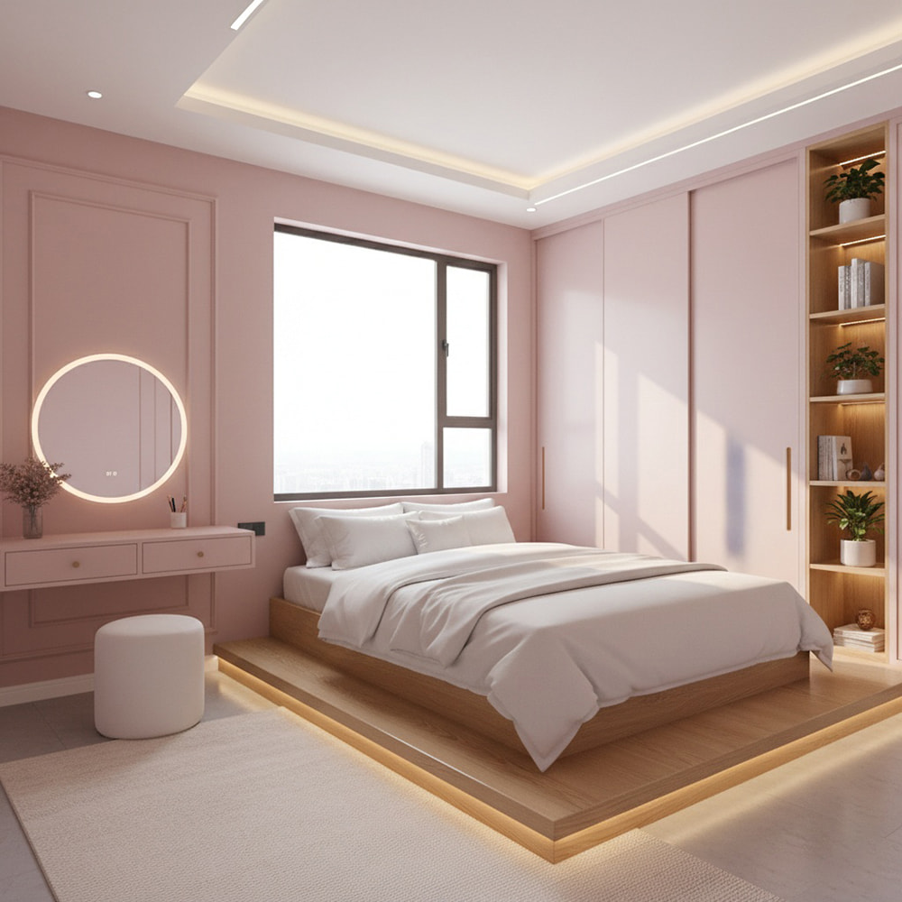 Thiết kế phòng ngủ màu hồng tối giản với giường bục và bàn trang điểm.