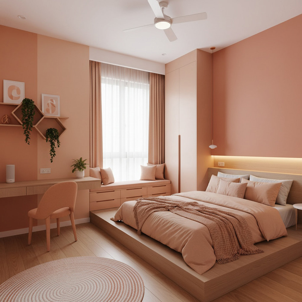 Mẫu thiết kế phòng ngủ màu hồng cam (salmon) với nội thất đa năng.