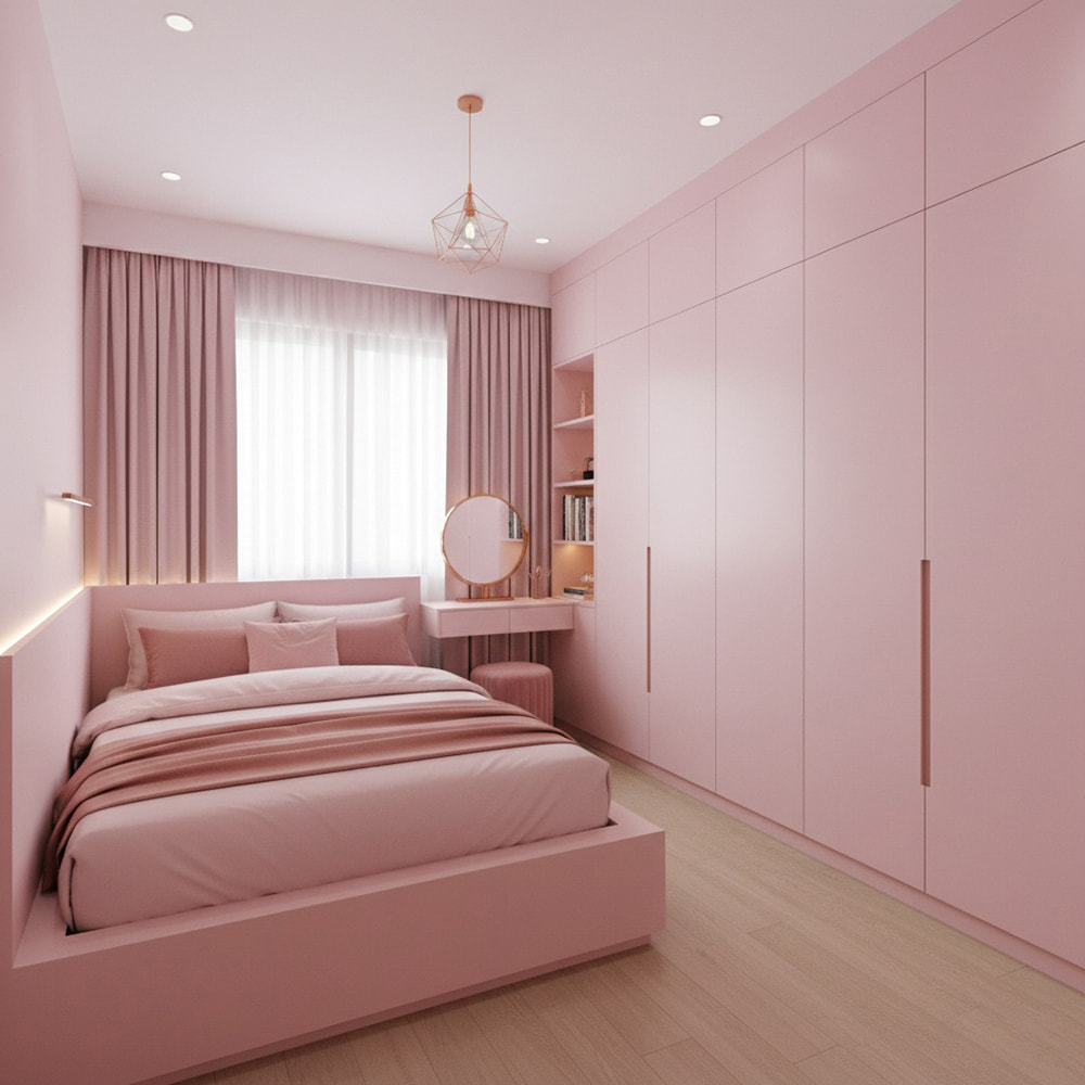Thiết kế phòng ngủ màu hồng pastel theo phong cách tối giản, đồng bộ.