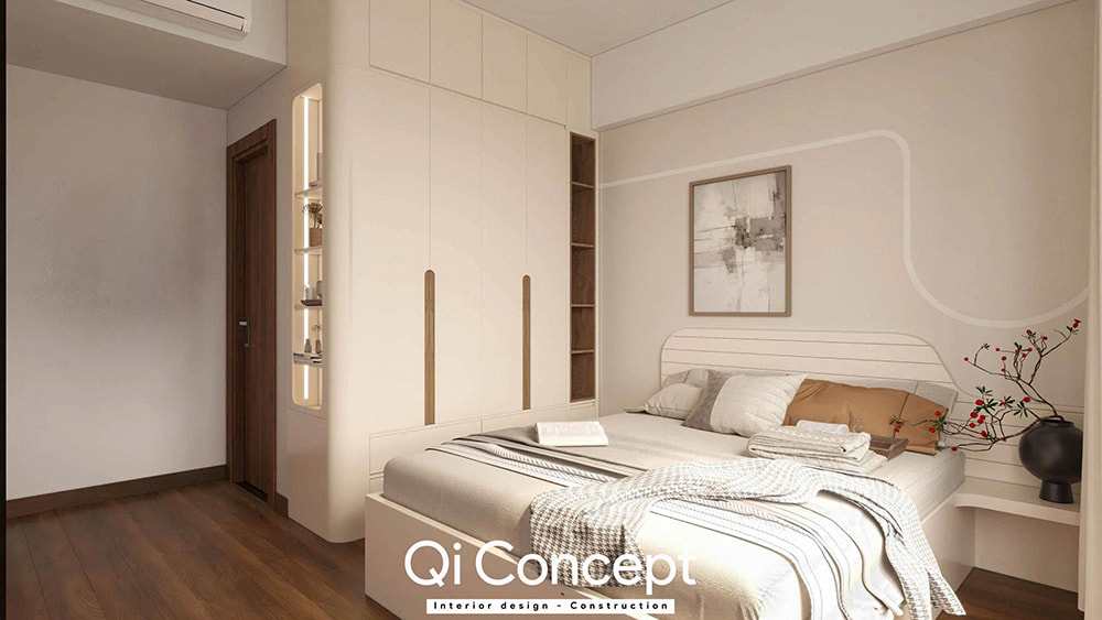 Mẫu thiết kế phòng ngủ nhỏ đẹp với tủ quần áo kịch trần và kệ trang trí.