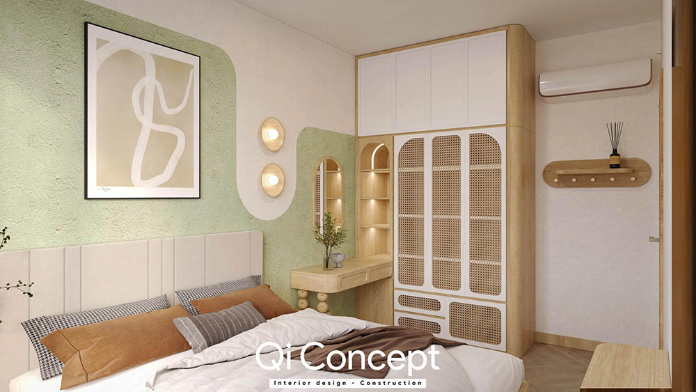 Thiết kế nội thất phòng ngủ nhỏ với tường màu xanh mint và tủ cánh mây.