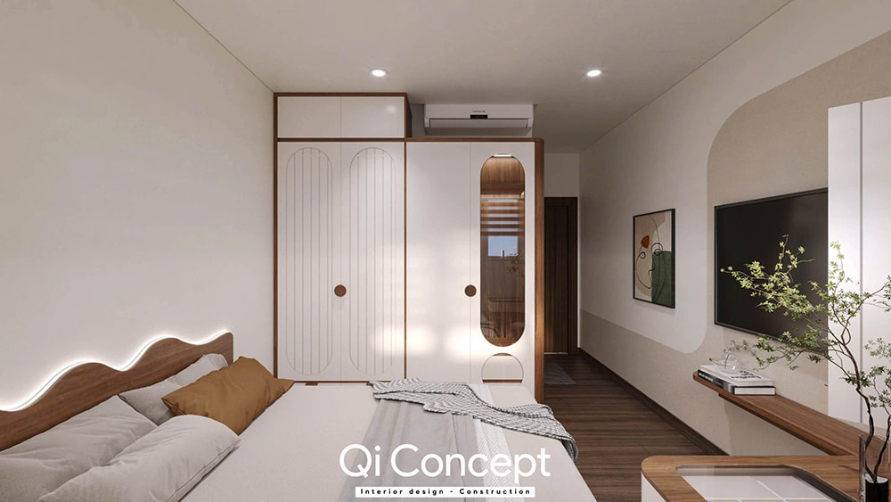 Ý tưởng thiết kế nội thất phòng ngủ nhỏ với đầu giường lượn sóng độc đáo.