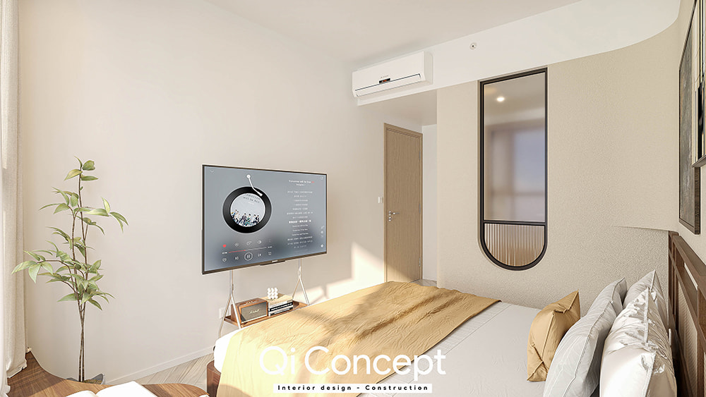 Bố trí tivi trong mẫu thiết kế nội thất phòng ngủ nhỏ.