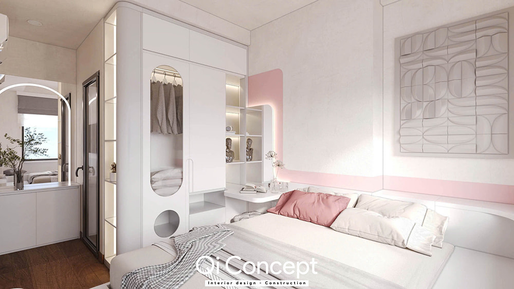 Thiết kế nội thất phòng ngủ nhỏ với hệ tủ quần áo bo cong sáng tạo.