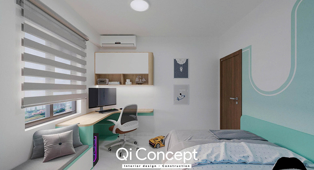 Góc học tập trong mẫu thiết kế phòng ngủ nhỏ đẹp cho bé.