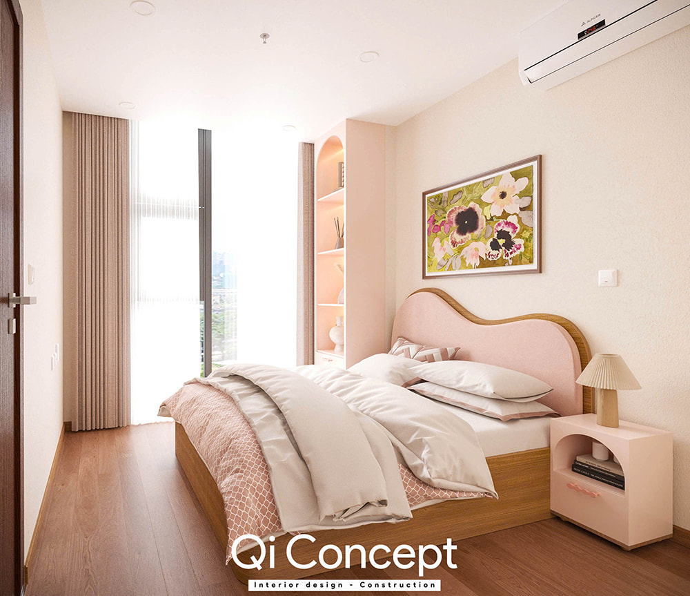 Mẫu thiết kế nội thất phòng ngủ nhỏ với tông màu hồng pastel ngọt ngào.