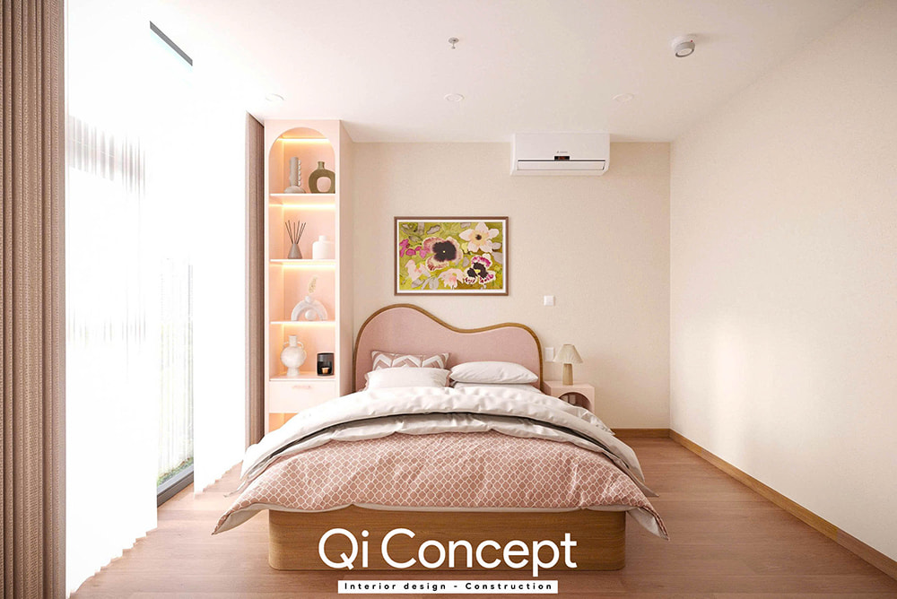 Mẫu thiết kế phòng ngủ nhỏ đẹp với tông màu hồng và kệ sách trang trí.