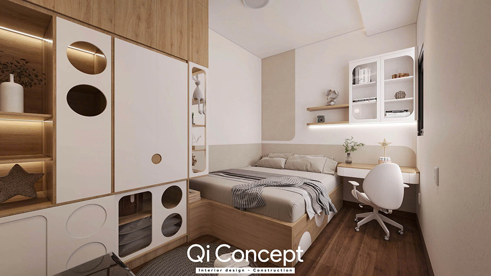 Ý tưởng thiết kế nội thất phòng ngủ nhỏ cho bé với tủ quần áo sáng tạo.