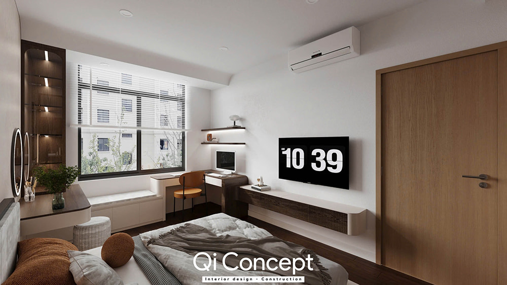 Bố trí bàn làm việc và bàn trang điểm trong mẫu thiết kế nội thất phòng ngủ nhỏ.