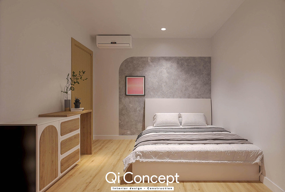 Mẫu thiết kế nội thất phòng ngủ nhỏ theo phong cách tối giản với tường hiệu ứng bê tông.