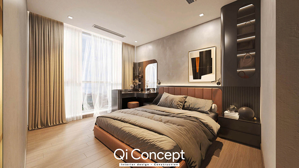 Mẫu thiết kế phòng ngủ nhỏ đẹp sang trọng với nội thất gỗ tối màu.