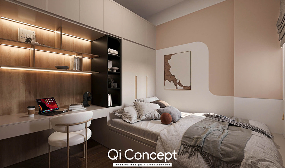 Giải pháp thiết kế nội thất phòng ngủ nhỏ với hệ giường và bàn học thông minh.